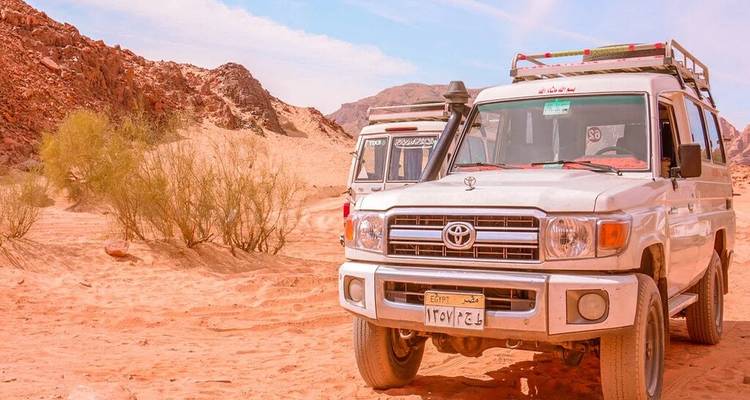 Toyota Land Cruiser geparkt auf einer Wüstenpiste mit felsigen Klippen im Hintergrund