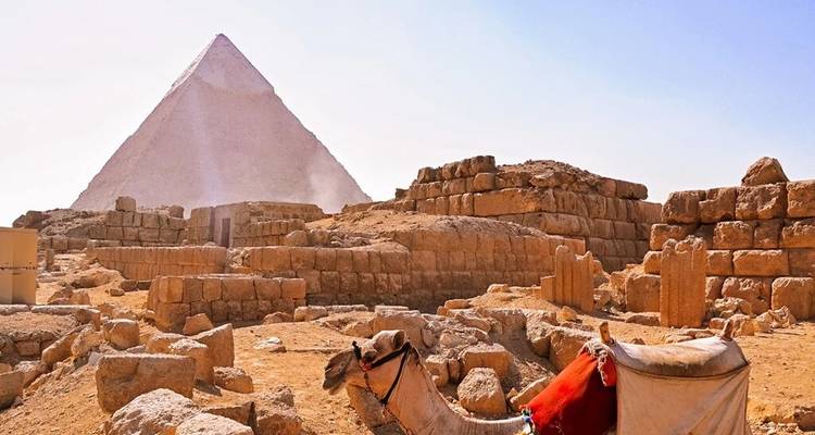 Chameau au repos à côté de ruines de pierre anciennes avec une pyramide qui s'élève derrière.