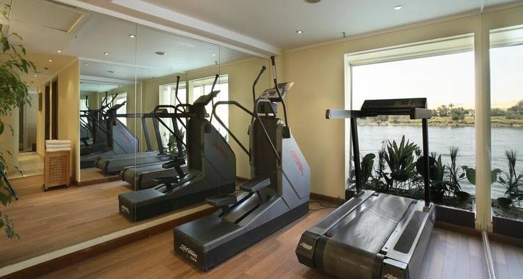 Kleine fitnessruimte op een riviercruiseschip met loopbanden en elliptische trainingsmachines met uitzicht op de Nijl.