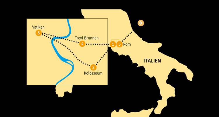 Vereinfachte Karte von Rom und Vatikan mit markierter Wanderroute und wichtigen Sehenswürdigkeiten