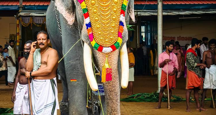 Elefante decorado del festival con caparazón colorido se para entre hombres vestidos tradicionalmente dentro de un patio del templo