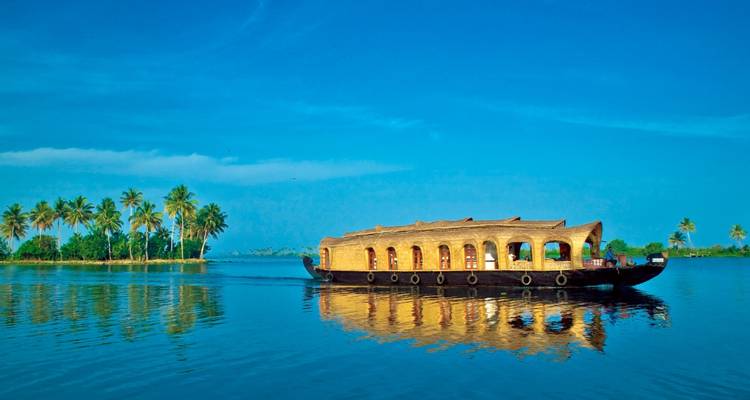 Casa flotante con techo de paja que se desliza por las tranquilas aguas interiores bordeadas de palmeras bajo un cielo azul radiante