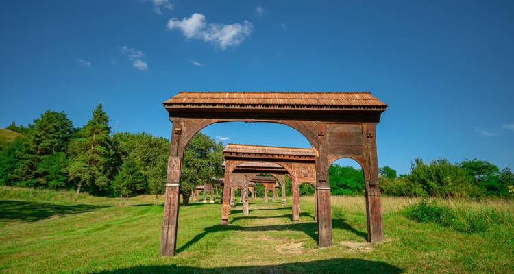 Reihe von traditionellen geschnitzten Holztoren, die Torbögen entlang eines grasbewachsenen Weges unter einem strahlend blauen Himmel im ländlichen Siebenbürgen bilden.