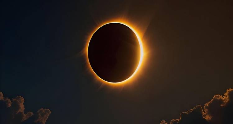 Afbeelding van zonsverduistering met vurig oranje corona en verduisterde hemel.