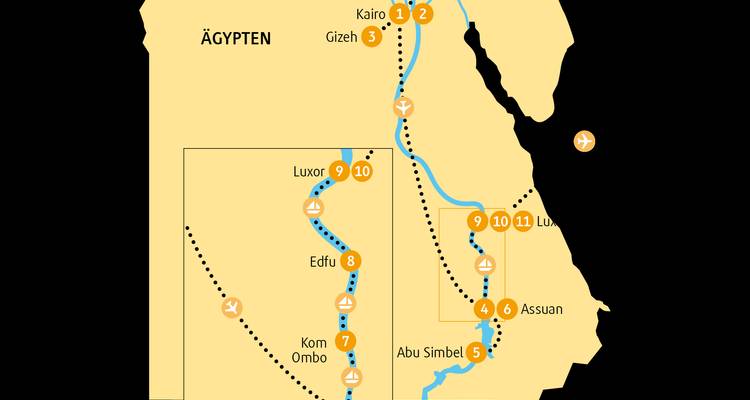 Mapa simplificado de Egipto que destaca la ruta del crucero por el Nilo y las principales paradas arqueológicas.