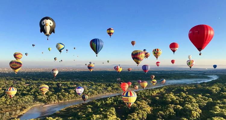Tientallen kleurrijke heteluchtballonnen zweven boven een kronkelende rivier en groen bos.