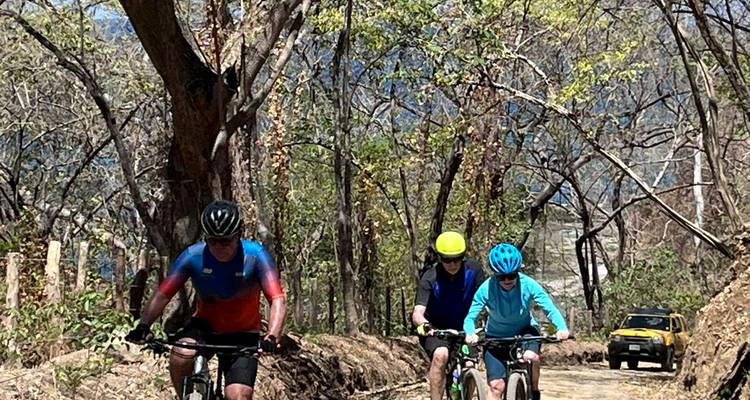 Ciclistas de montaña con cascos de colores pedaleando por un polvoriento sendero del bosque