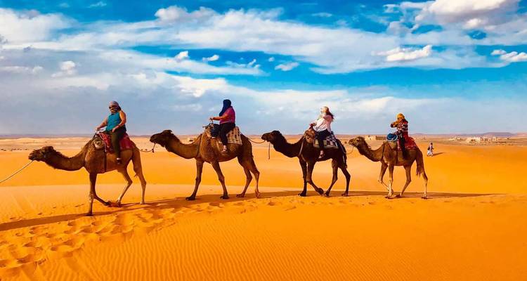 Quatre voyageurs en file indienne sur des chameaux traversant les dunes orange vif de l'Erg Chebbi sous un ciel bleu