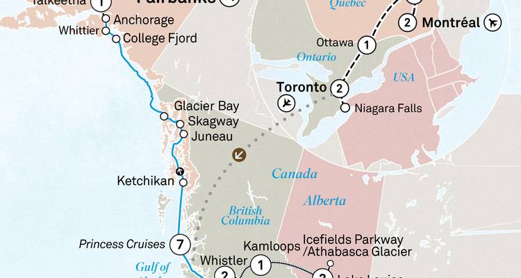 Mapa detallado de la ruta de un itinerario de crucero-tour por Alaska y Canadá Occidental con paradas destacadas.