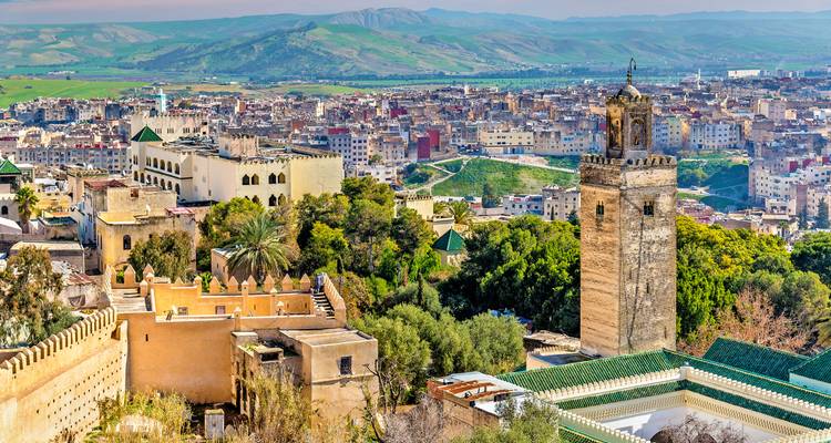 Vista panorámica de una antigua ciudad amurallada con minaretes, palmeras y colinas que la rodean.