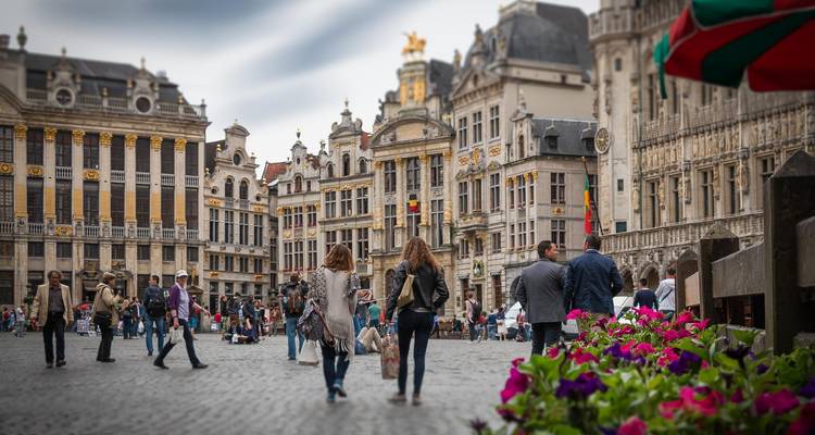 Les visiteurs se promènent sur la Grand Place pavée de pavés, entourée de magnifiques maisons de corporations dans une place animée.