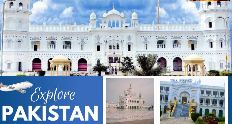 Image promotionnelle de style collage avec un bâtiment patrimonial blanc et un texte en gras lisant « Explorez le Pakistan » accompagné d'un petit graphique d'avion.