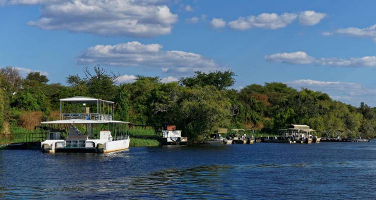Pequeños botes de safari amarrados a lo largo de una orilla de río frondosa bajo un cielo azul brillante con nubes dispersas