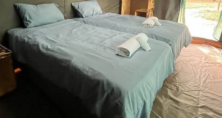 Alojamiento en tienda con camas gemelas simples, toallas cuidadosamente dobladas y paredes de lona