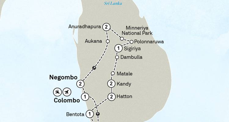 Mapa de ruta simplificado del tour por Sri Lanka mostrando Colombo, Kandy, Sigiriya y Anuradhapura