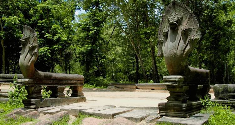 Stenen naga balustrades bewaken een platform te midden van weelderige bosruïnes in Beng Mealea.