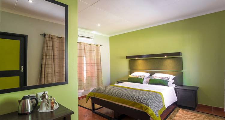 Habitación luminosa con paredes verdes, una cómoda cama doble y una bandeja de cortesía sobre la cómoda.