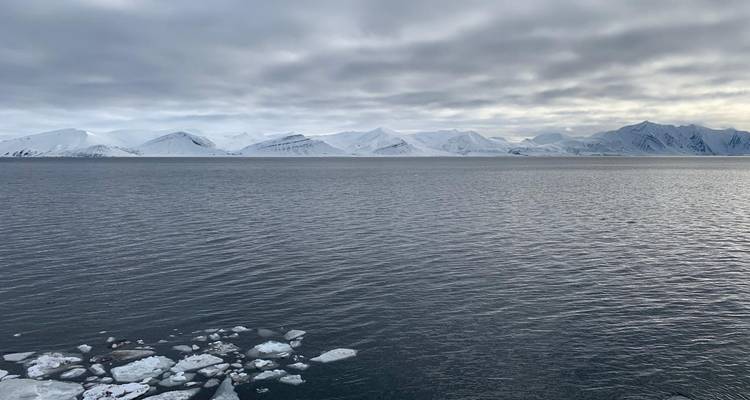 Mar ártico gris con pequeños trozos de hielo flotante y montañas cubiertas de nieve bajo nubes densas.