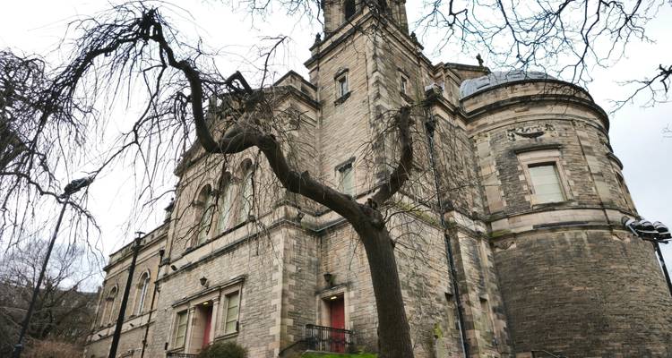 Iglesia de piedra grandiosa o edificio cívico visto desde abajo con un árbol sin hojas enmarcando la escena.
