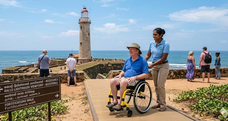 Un camino accesible te lleva al pintoresco Faro de Galle con vistas al Océano Índico; un guía empuja a una persona en silla de ruedas mientras los turistas observan.