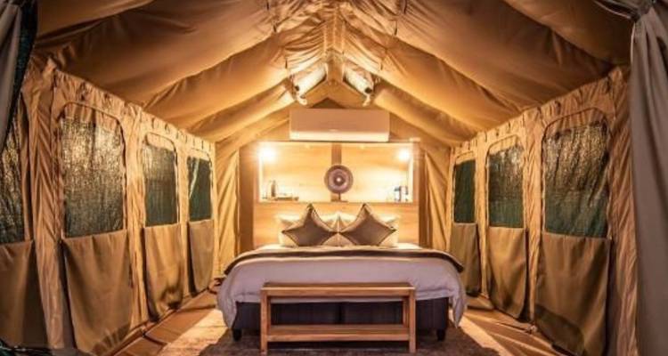 Interior de tienda de safari de lujo con cama doble, iluminación cálida y paredes de lona