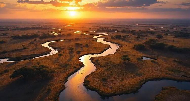 Una vista aérea de un río sinuoso que refleja el sol poniente mientras serpentea a través de vastas llanuras doradas.