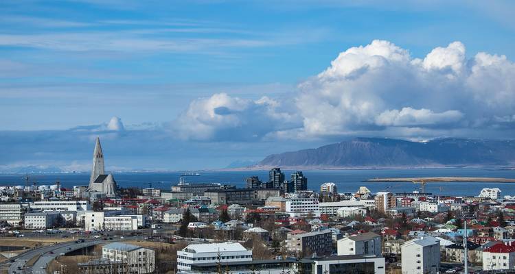 Panoramisch uitzicht over Reykjavik met de Hallgrimskirkja, moderne gebouwen en paarse bergen in de verte.