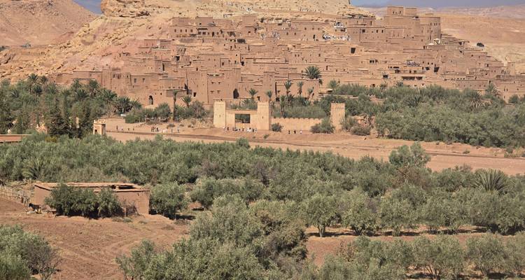 Vista panorámica de la kasbah de Aït Benhaddou elevándose sobre frondosos palmerales.