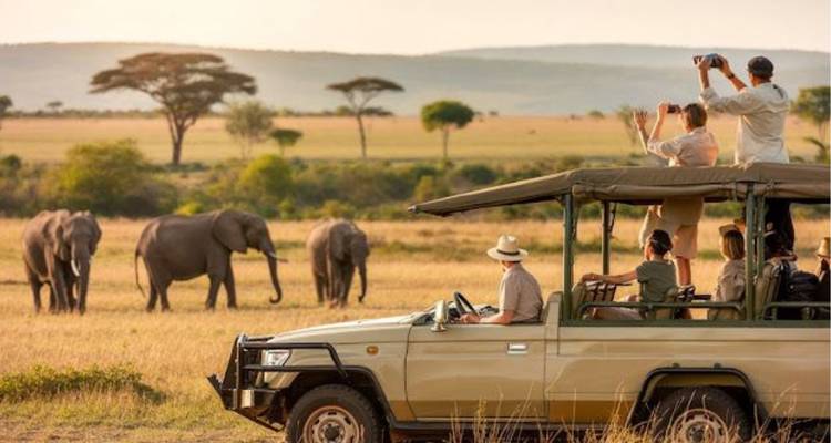 Toeristen in een safariauto kijken naar een kudde olifanten in open grasland