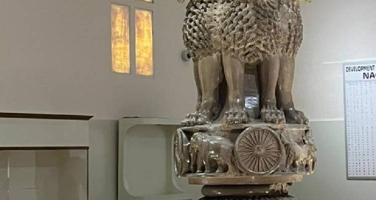 Binnenaanzicht van het Ashoka Leeuwenkapiteel-sculptuur tentoongesteld op een voetstuk onder museumverlichting.