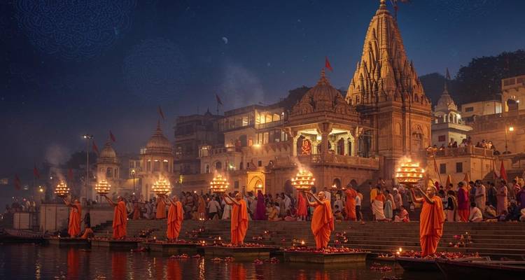 Nachtelijk ritueel aan de rivier met rijen oranje gewaad dragende monniken die flakkerende lampen vasthouden te midden van menigtes en verlichte tempels.