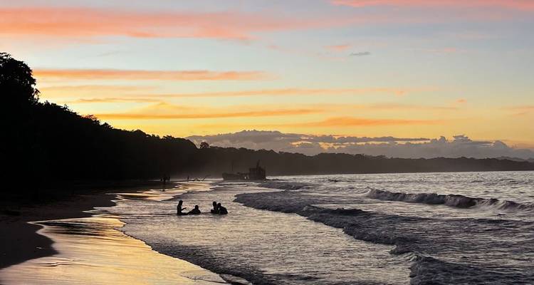 Silhouetted swimmers enjoy tropical waves beneath a vibrant sunset sky.
