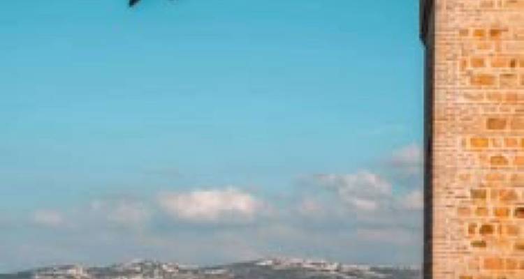 Wazig verticaal beeld van een vogel die vlakbij een stenen toren vliegt tegen een blauwe lucht.