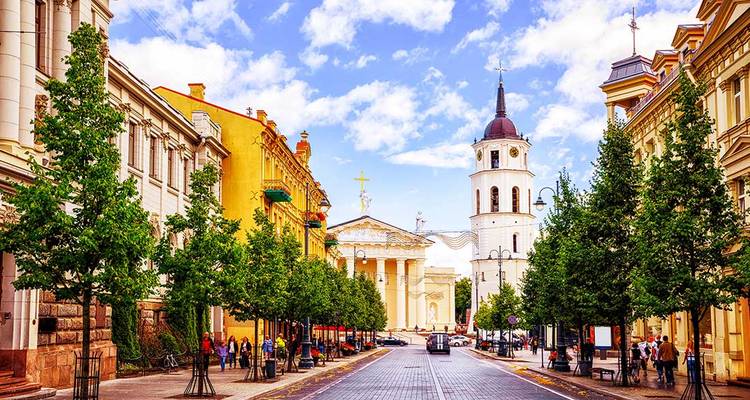 L'avenue piétonne Gediminas menant à la cathédrale de Vilnius et au clocher sous un ciel dégagé