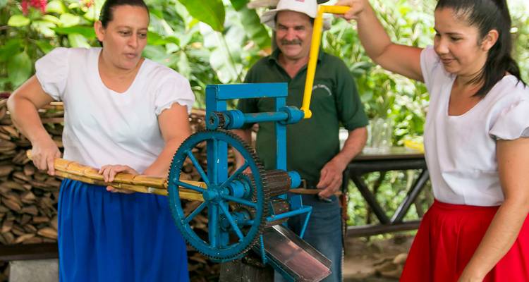 Demonstration of traditional sugarcane pressing with two women turning a blue metal mill while a man supervises.
