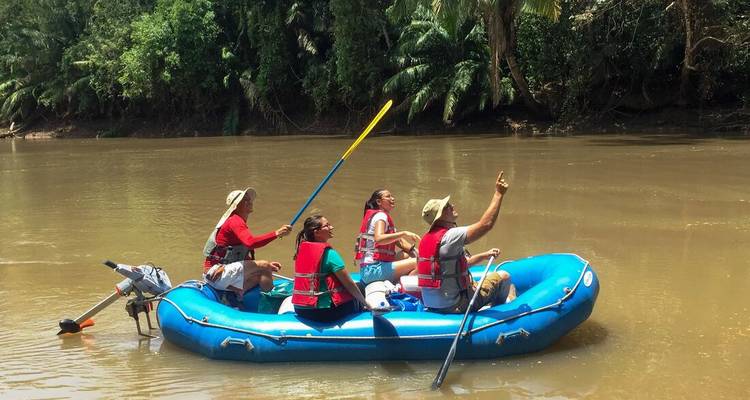 Adventurers paddle a blue inflatable raft down a calm tropical river, pointing at wildlife in the trees.