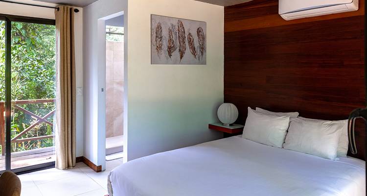 Simple modern hotel room with garden views, wood accents and crisp white bedding.