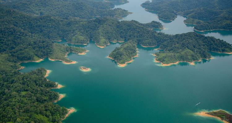 Vue aérienne d'un lac vert émeraude avec plusieurs îles forestières entourées de collines ondulantes.