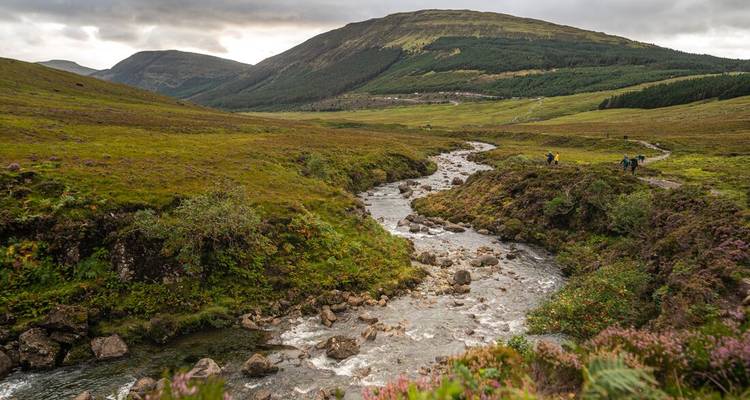 Étroite rivière serpentant à travers une vallée couverte de mousse avec des randonneurs en tenue de plein air marchant le long de la rive.