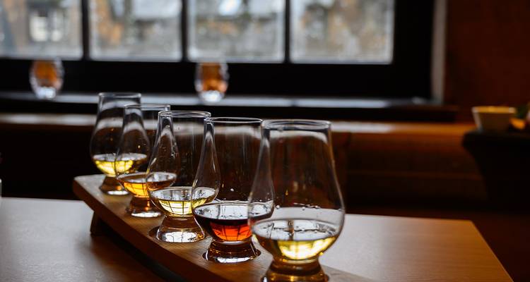 Rangée de verres de dégustation de whisky remplis de spiritueux ambrés différents sur une palette en bois dans un bar confortable.