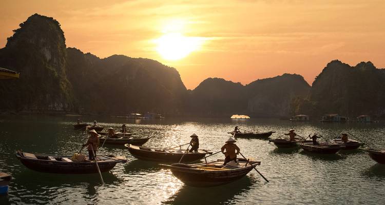 Gouden zonsopgang over de Halong Baai terwijl roeiers kleine bootjes navigeren op glinsterend water tussen donkere karstsilhouetten
