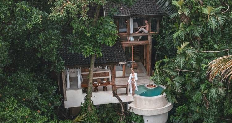 Villa en cabane dans les arbres en pleine jungle avec piscine plongeante, où une femme en peignoir profite de la terrasse