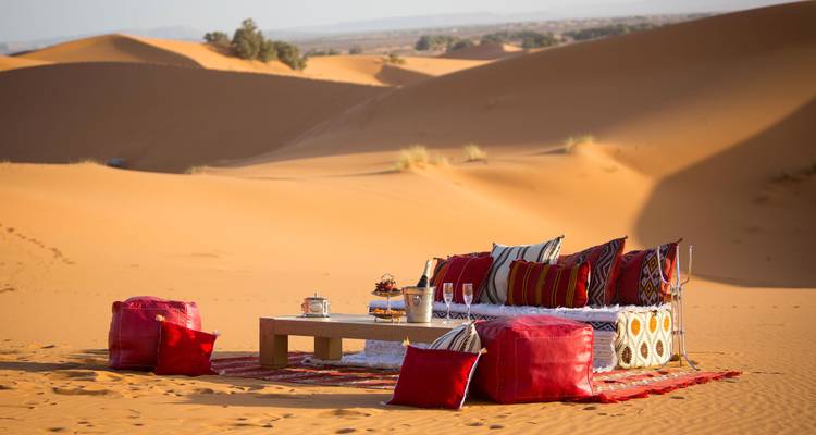 Stylish lounge setup with cushions and low table on golden Sahara sand dunes.