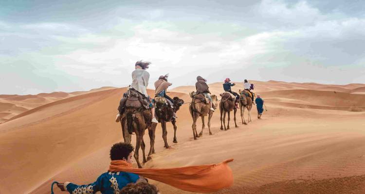 Group of travellers riding camels in single file over rolling dunes under soft sky.
