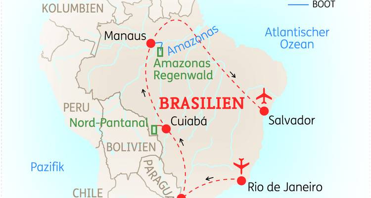 Carte itinéraire simplifiée du Brésil mettant en évidence les principales villes et les itinéraires de voyage