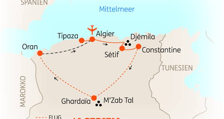 Routenkarte von Algerien mit Zielen und Verbindungslinien