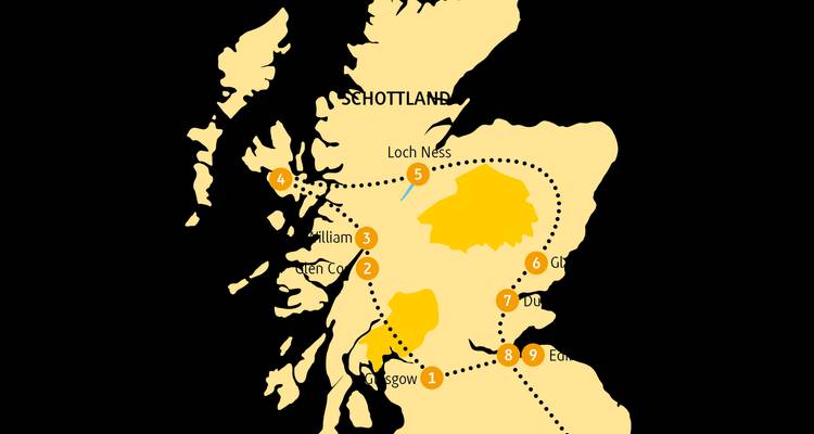 Vereinfachte illustrierte Karte von Schottland mit Hervorhebung wichtiger Reiserouten-Punkte und nationaler Wahrzeichen.
