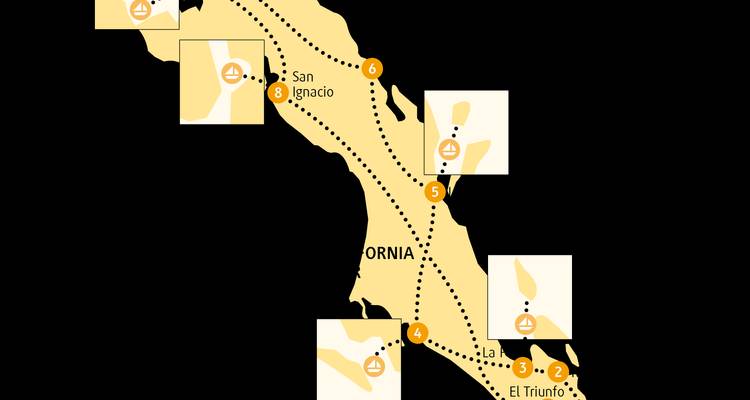 Simplified illustrated map of the Baja California peninsula highlighting route stops.