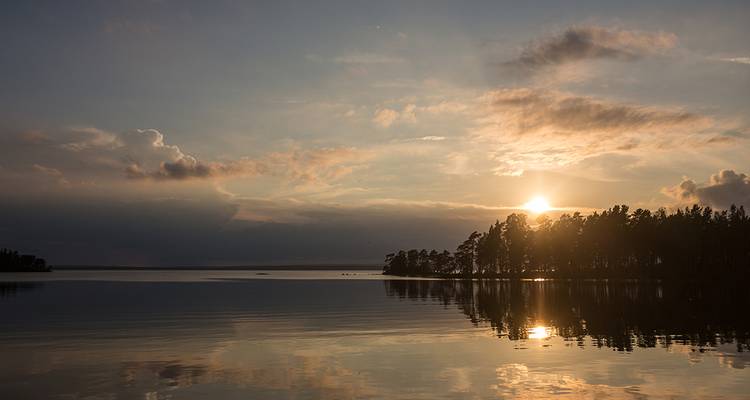 Zacht zonsondergaand licht weerspiegelt zich in een stil meer, omzoomd door een rij dennen.