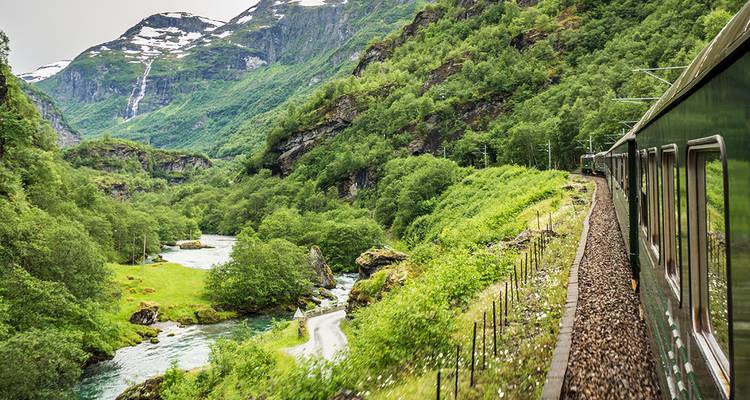 Een groene trein slingert door een weelderige vallei naast een kabbelende rivier en kliffs vol watervallen.